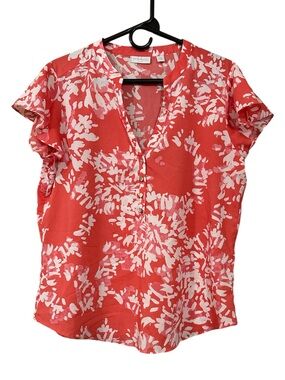 New York & Company Coral and White Floral Split-Neck Blouse